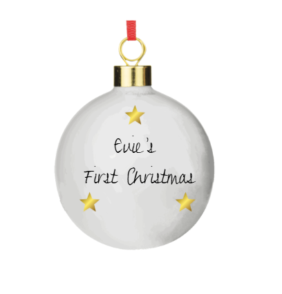 White Christmas ornament with 'Evie's First Christmas' text and gold stars on a white background.